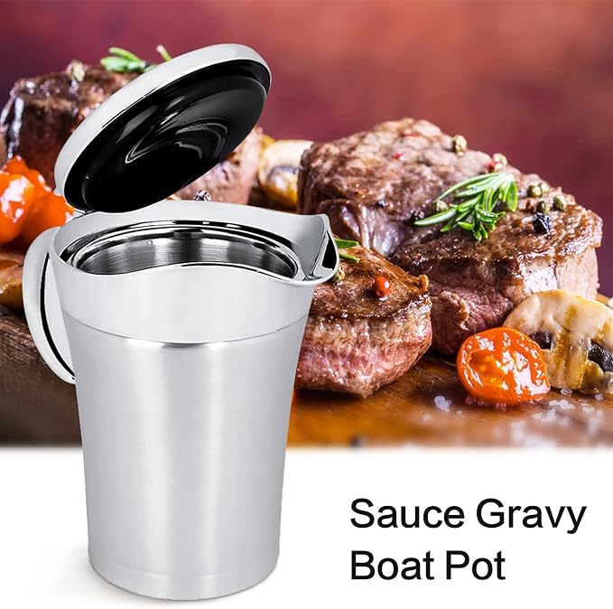 Stainless Steel thermal Gravy Boat, 25 Oz Double Insulated Gravy Sauce Jug with Hinged Lid for Family Dinner, Thanksgiving, Halloween, Christmas 750ML