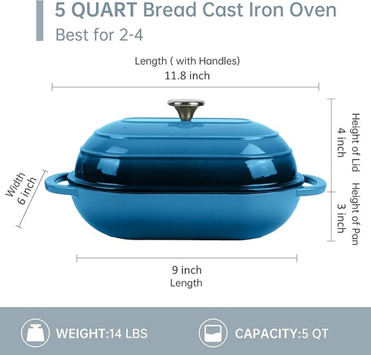 Fijxzct Premium Enameled Cast Iron Dutch Oven for Bread Baking | Non-Stick 5QT Oval Bread Oven with Lid | Perfect for Sourdough, Loaf, and Artisan Baking (Oval Blue, 5 QT)