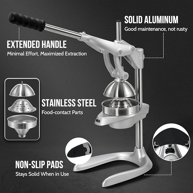 Manual Juicer, Sopito Heavy-Duty Effortless Orange Squeezer Safety Countertop Stainless Steel Hand Press Juicer for Citrus Lemon Lime Grapefruit, Easy to Clean