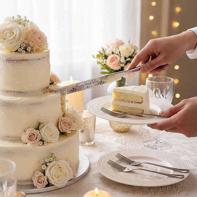 4 Pieces Wedding Cake Cutting Set Knife and Forks Set Wedding Cake Knife and Server Set Sliver Forks Engraved Mr. and Mrs.for Engagements, Anniversaries, Bride and Groom (Silver MR&MRS)