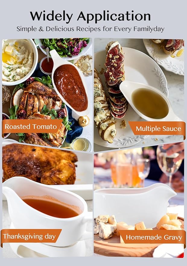 Nucookery Large 20 Oz Gravy Boat with Warmer, White Fine Porcelain Saucier with Big Dripless Lip Spout, Gravy Bowl for Thanksgiving, Warming Sauces, Salad Dressings, Microwave & Freezer Safe(Set of 2)