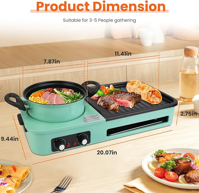 3-in-1 Electric Hot Pot with Grill & Fry Pan Combo - 1600W Fast Even Heating Non-stick Smokeless Indoor BBQ Grill - Easy to Clean - Dishwasher Safe - for 3-5 People