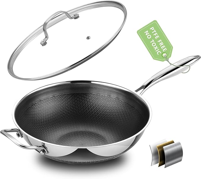 SAKAMOSH Hybrid 12 Inch Wok Pan with Lid, 5QT Stainless Steel Deep Woks & Stir-fry Pans with Flat Bottom, Stay-Cool Handle, Induction & Dishwasher & Oven Safe, Non Toxic, PFOA Free Skillet Cookware
