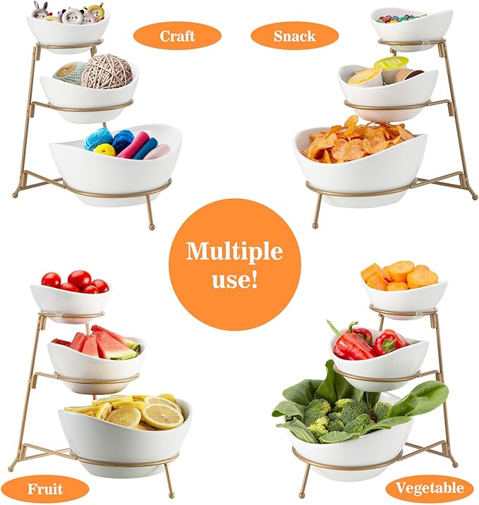 HBlife 3 Tier Serving Stand Oval Serving Bowl with Metal Rack, Ceramic Serving Dishes Chip and Dip Serving Set, Food Display Dessert Appetizer Candy Bowl, Fruit Bowl for Parties, Gold