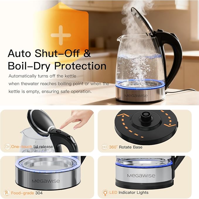 Megawise Electric Glass Kettle with Auto Shut-Off, BPA-Free, Stainless Steel Inner Lid & Base, Blue LED Indicator, Easy Clean, Cord Storage (1.8L)