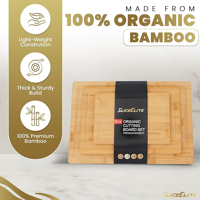 SliceElite 3pc Bamboo Cutting Board Set: Eco-friendly, durable chopping boards with handles & juice grooves. Ideal for all kitchen tasks (Large, Medium, Small), Natural