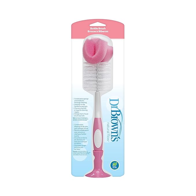 Dr. Brown's Reusable Sponge Baby Bottle Cleaning Brush with Suction Cup Stand, Scrubber and Nipple Cleaner, Pink 1-Pack