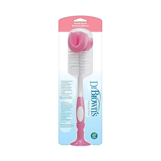 Dr. Brown's Reusable Sponge Baby Bottle Cleaning Brush with Suction Cup Stand, Scrubber and Nipple Cleaner, Pink 1-Pack