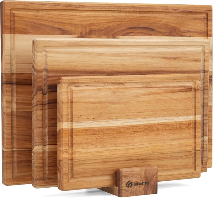 Cokka Praca Teak Cutting Board Set with Stand | 3 Pcs Durable Wooden Cutting Boards for Kitchen | Splinter-Free & No Cracking Design | Non-Slip Wood Cutting Boards with Deep Juice Groove