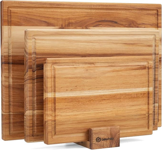 Cokka Praca Teak Cutting Board Set with Stand | 3 Pcs Durable Wooden Cutting Boards for Kitchen | Splinter-Free & No Cracking Design | Non-Slip Wood Cutting Boards with Deep Juice Groove