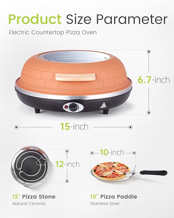 Saenchue Electric Pizza Oven - 12-Inch Indoor Pizza Ovens Countertop - 1200W Pizza Maker Heats up to 800˚F by Ceramic Stone, Temperature Control, Viewing Window, PM-05