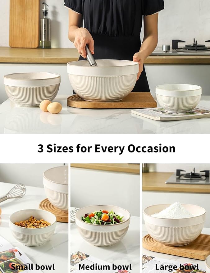 Large Ceramic Mixing Bowls, Yellow Kitchen Bowl (10"/8"/6"), Set of 3 Nesting Bowls for Baking, Cooking, Serving, Prepping, Dough Kneading, Microwave and Dishwasher Safe