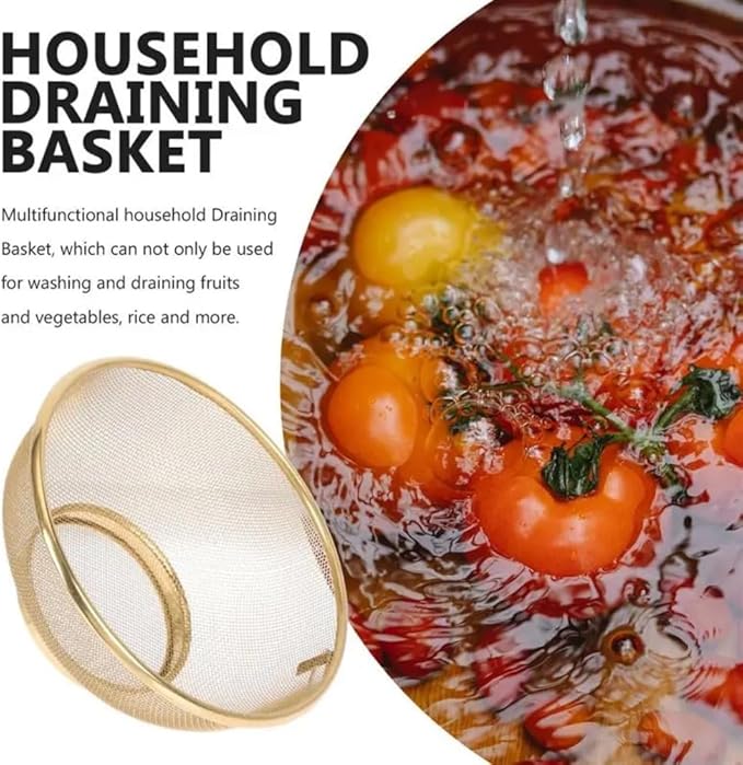 2-Pack Gold Stainless Steel Mesh Colander Set - Versatile Kitchen Strainers for Fruit, Sink, Rice - Fine Mesh Strainer Baskets for Efficient Food Drainage - Rust-Resistant and Durable
