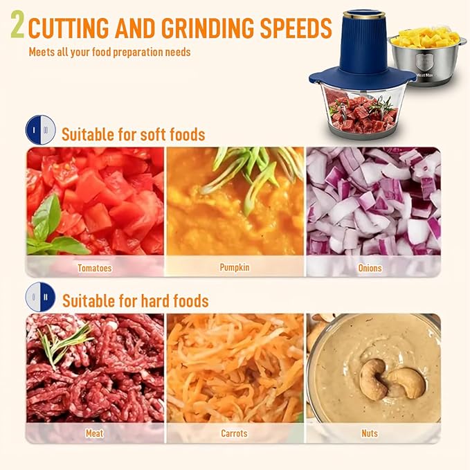 Food Processor, 2 Speed Meat Grinder Electric Food Chopper with 2 Bi-Level Blades Mini Kitchen Cutter for Vegetable, Onion, Garlic, Meat, Nuts, and Baby Food (Blue-2L)