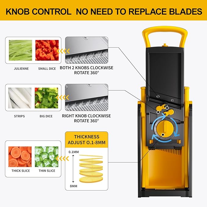 [All in 1] Upgraded Version Safe Mandoline Slicer for Kitchen, Adjustable Thickness. and Spiralizer, Veggie Slicer, Rapid Prep Mandoline, Detachable Blade, Cleaning Brush (Yellow)