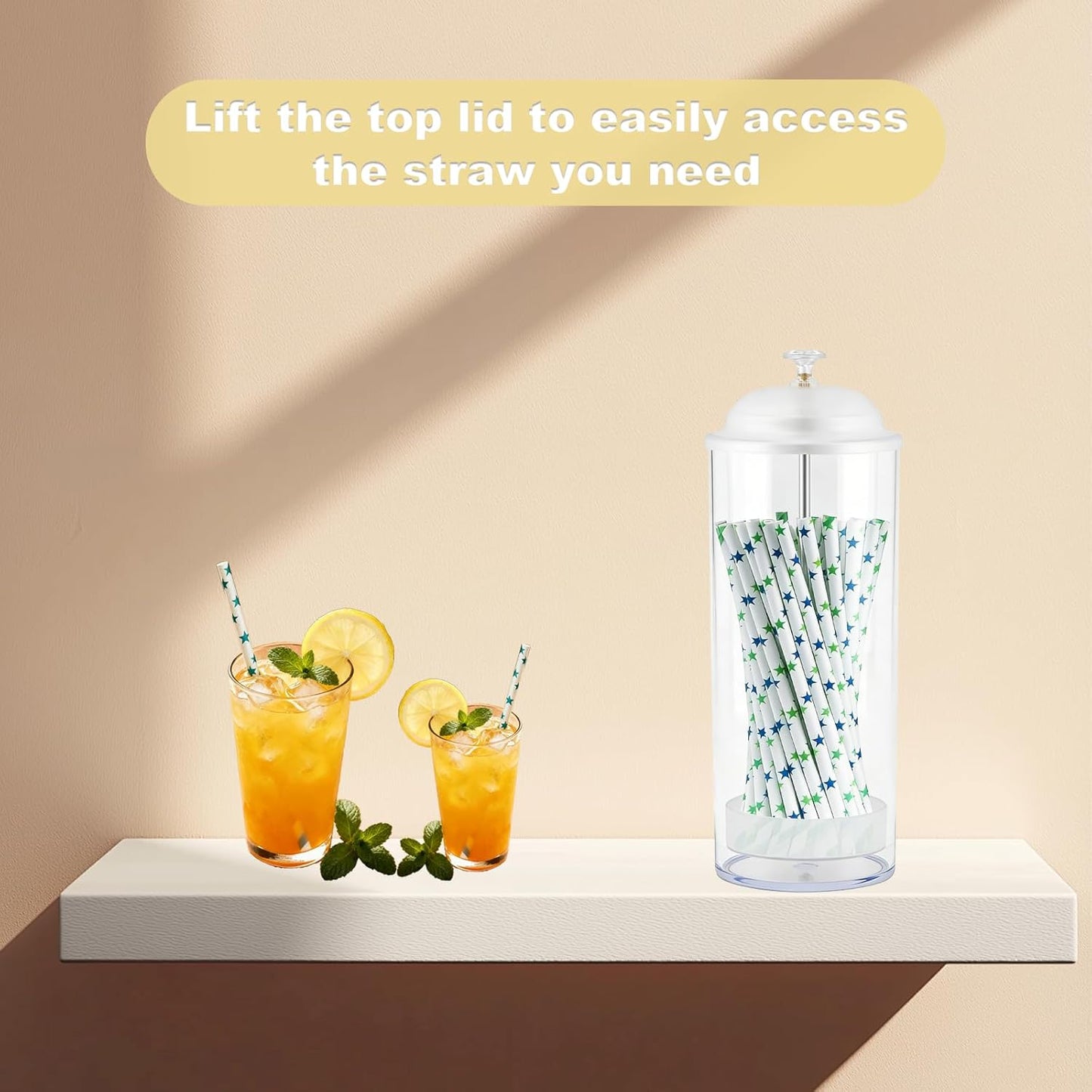 Straw Holder,Straw dispenser with Stainless Steel Lid,Holds straws up to 8.5 inches,for home kitchen,countertop,restaurant Drinking straw container(White)