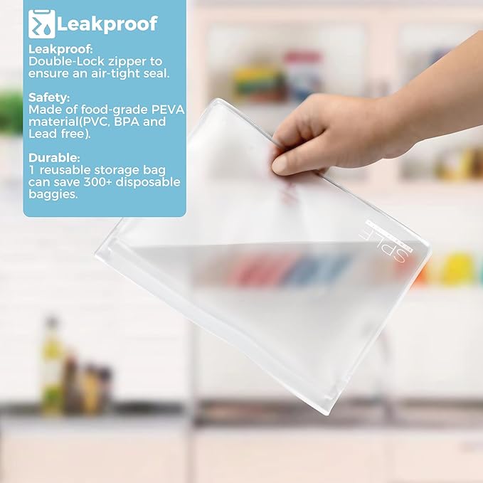 SPLF 8 Pack Dishwasher Safe Reusable Storage Bags (4 Half Gallon Freezer Bags, 4 Quart Sandwich Snack Bags), BPA FREE Stand Up Extra Thick Leakproof Silicone and Plastic Free Zipper Lunch Food Bags