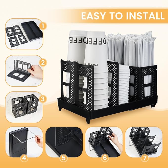 Paper Cup and Lid Holder with Straw Organizer, Coffee Cup Holder for Countertop Coffee Station, Bar, Kitchen, Office Black