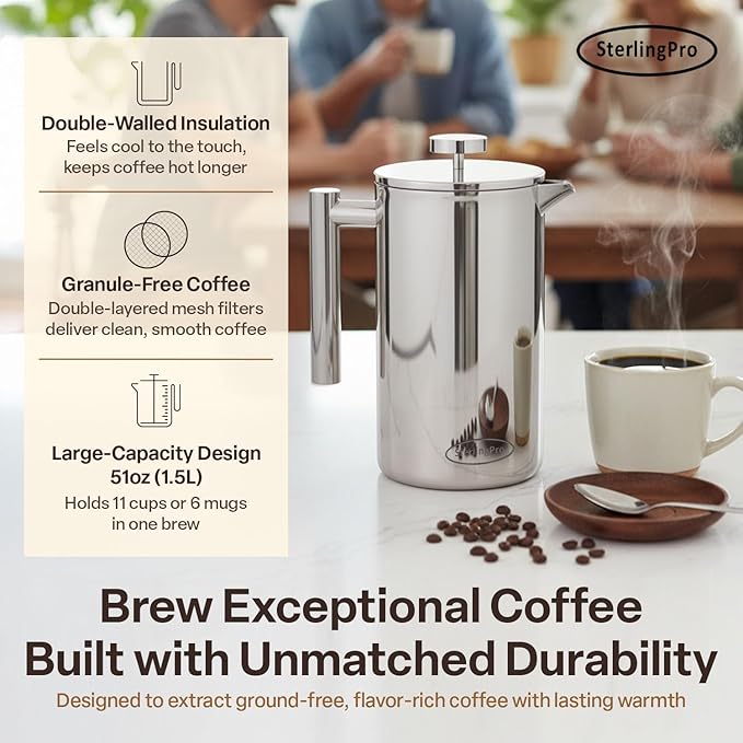 SterlingPro Stainless Steel French Press Coffee Maker Large 1.5 L(51 oz) Mirror – Durable Double Walled Insulated Coffee Press Keeps Drinks Hot, Easy to Use and Clean Stylish Design for Rich Flavor