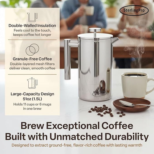 SterlingPro Stainless Steel French Press Coffee Maker Large 1.5 L(51 oz) Mirror – Durable Double Walled Insulated Coffee Press Keeps Drinks Hot, Easy to Use and Clean Stylish Design for Rich Flavor