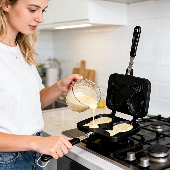 Taiyaki Fish Shape Cake Pan,Non-stick Double Waffle Cake Maker with Long Handle and Oil brush,for Dessert,Dorayaki,Red Bean Pie,mini Cheese Cake