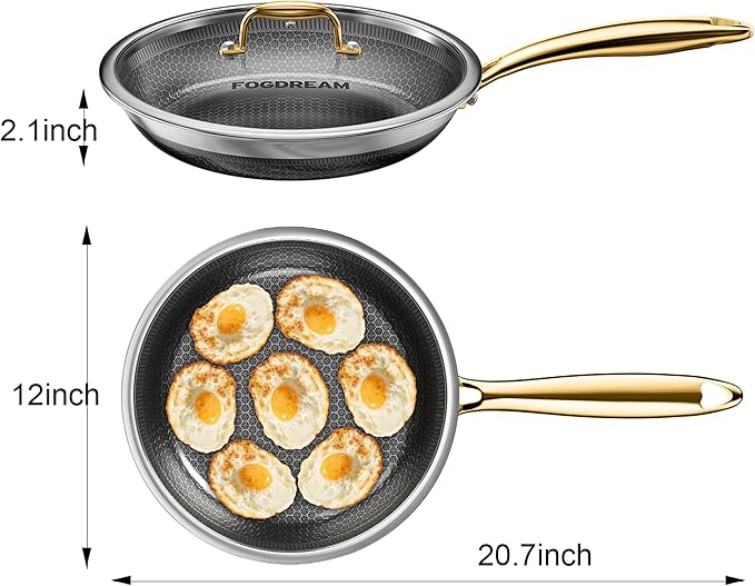 Fogdream 12” Non Stick Frying Pans, Stainless Steel Skillet with Lid, Tri-Ply Stainless Steel for All Cooktops, Dishwasher and Oven-Safe Cooking Pan, Stay-Cool Handle, Gold