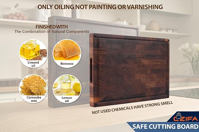 Cozifa American Black Walnut Wood Cutting Board 20"x15"x2"(Large and Thick) for Kitchen with Juice Groove, Inner Handles, End Grain Butcher Block Finished with Linseed Oil, Beeswax, Lemon Oil, Giftbox