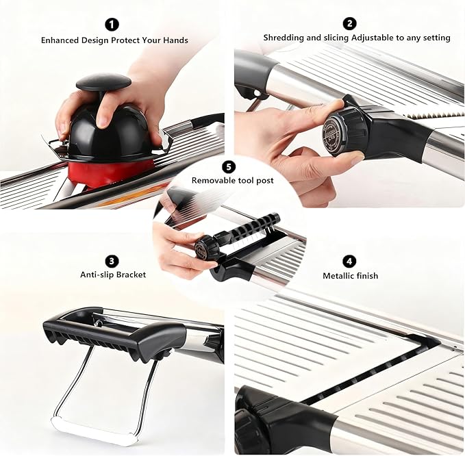 Adjustable Mandoline Food Slicer, Mandoline Slicer for Kitchen, Mandolin, Potato, Tomato, Carrot, Onion Cutter and Fruit - Stainless Steel - 6-Piece Fruit & Vegetable Cutting Set (Silver)