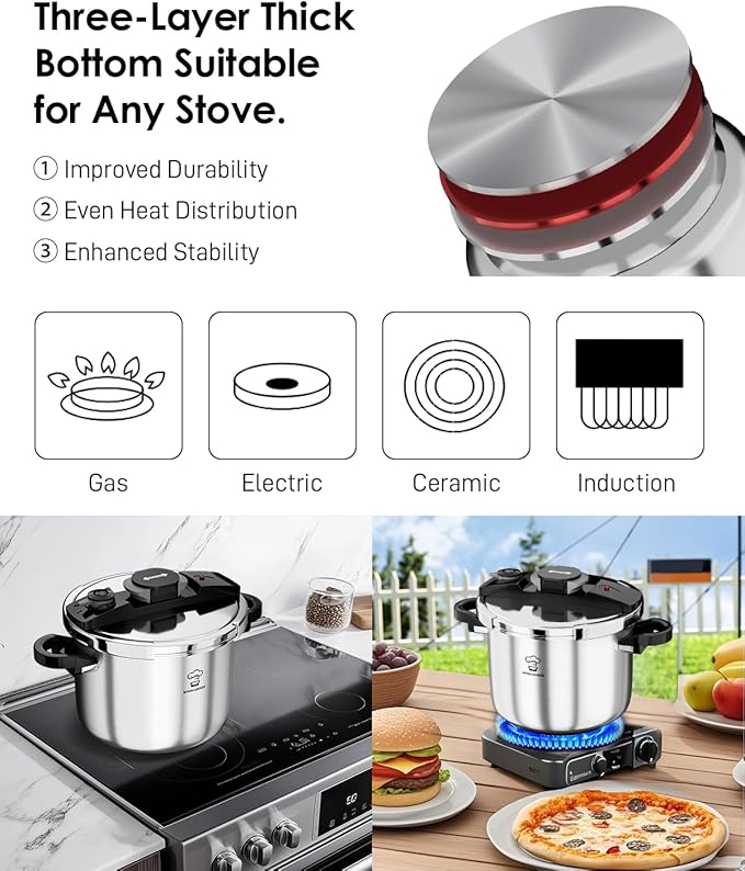 KitchLocker Pressure Cooker Stainless Steel 6.3 Quart,Olla De Presion For 2-3 People[Glass Lid & Steamer Rack Included][Press To Open][Compatible With Induction And Gas Stovetops]