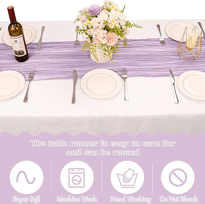 10 Pack Cheesecloth Table Runner 6FT Boho Gauze Rustic Fabric Table Runner Vintage Sheer Tablecloth for Wedding Party Bridal Baby Shower Decorations (Light Purple)
