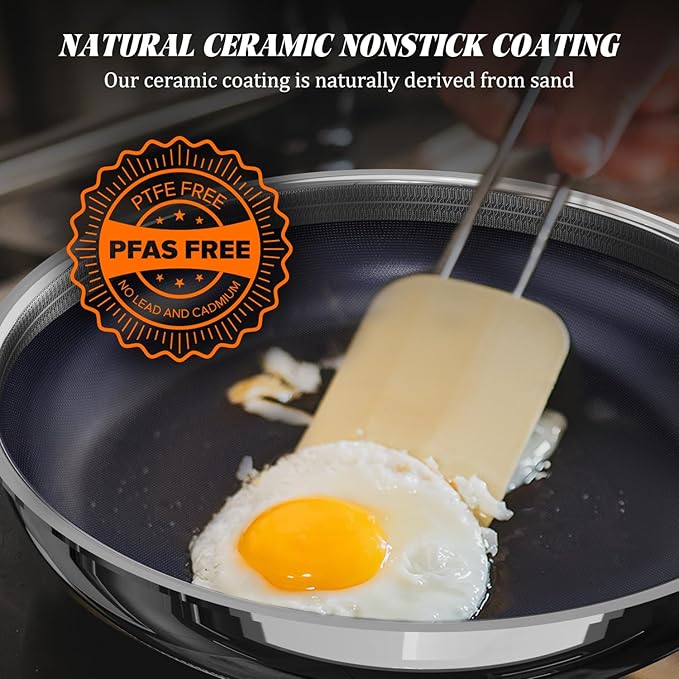 WhatsClad 10" Hybrid Ceramic Nonstick Frying Pan, 3-Ply Stainless Steel Skillet, 2-Layer Coating, PFAS & PTFE Free, 9H Hardness & Corrosion Resistance, Dishwasher Safe, Induction Compatible-Blue