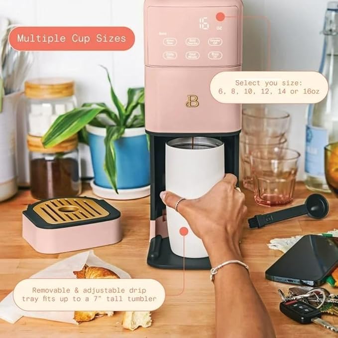 Beautiful Perfect Grind Programmable Single Serve Coffee Maker, Burr Grinder, 64 oz Reservoir, 6 Brew Sizes by Drew Barrymore (Rose)