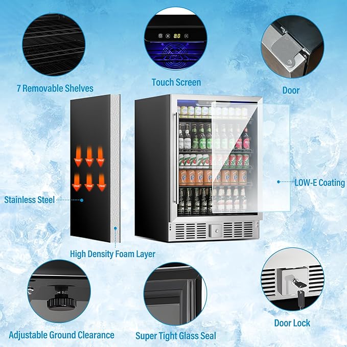 24 inch Beverage Refrigerator, Under Counter Small Refrigerator, 166 Can/5.3 Cubic Large Fridge with Glass Front Door for Soda Wine Beer, Adjustable Temperature Control for Home Office(Silver)