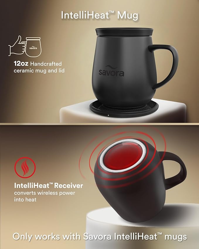 12oz IntelliHeat™ Coffee Mug | Barista’s Choice | Exclusive Wireless SmartSense Pad | Maintains Perfect 135°F | Hand-Crafted Ceramic Mug & Lid | Great for Tea Drinkers | Backed for Life - Black