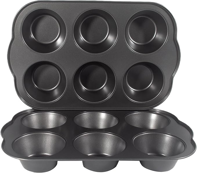 Bakexcel Non-Stick Jumbo Muffin Pans, 3.5" 6-Cup Set of 2 Baking Pans, Heavy Duty Carbon Steel Tins for Extra-large Muffins & Cupcakes