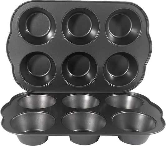 Bakexcel Non-Stick Jumbo Muffin Pans, 3.5" 6-Cup Set of 2 Baking Pans, Heavy Duty Carbon Steel Tins for Extra-large Muffins & Cupcakes