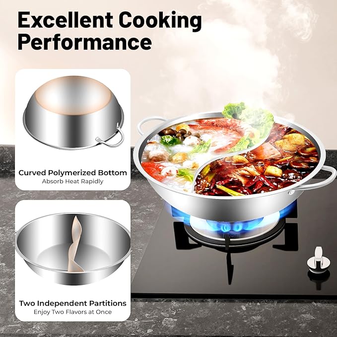 Stainless Steel Hot Pot with Divider, 13 In Dual Sided Nonstick Shabu Shabu Pot with Lid, Dual Handle Divided Stockpot for Cooking, Soup Cookware for Induction Cooktop Gas Stove