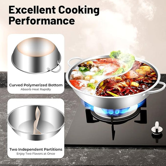 Stainless Steel Hot Pot with Divider, 13 In Dual Sided Nonstick Shabu Shabu Pot with Lid, Dual Handle Divided Stockpot for Cooking, Soup Cookware for Induction Cooktop Gas Stove