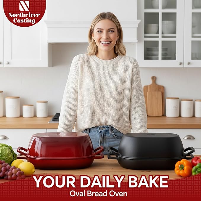 12"x8" Oval Cast Iron Dutch Oven for Bread Baking，Pre-Seasoned Combo Cooker with Lid, Perfect for Sourdough, Artisan Loaves & Family Meals,5 Qt