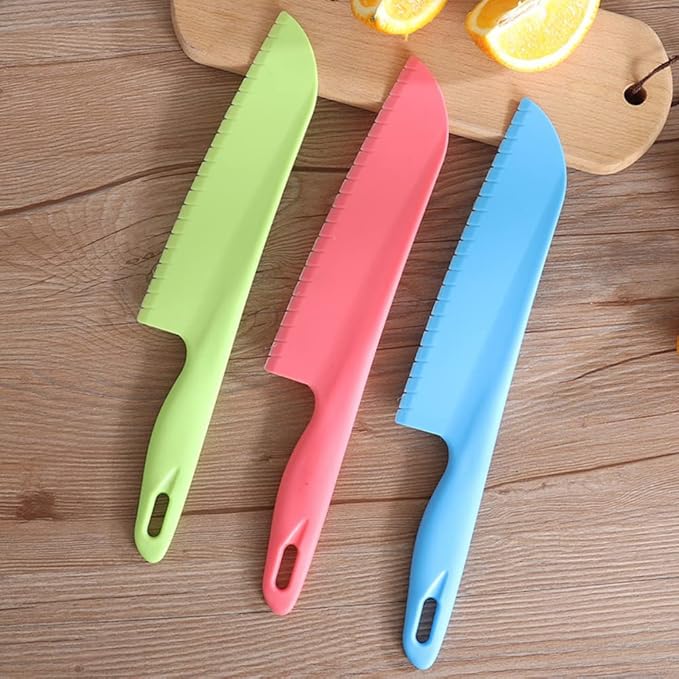 jawbush Professional Lettuce Knife to Prevent From Turning Brown, 11" Plastic Serrated Knives for Veggie, Fruit, Cake, Salad, Chef Knife for Cutting - Safe & Durable Nylon Knife Set, 3 Pack