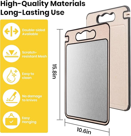 2-IN-1 Titanium Cutting Board for Kitchen Pure Titanium and Wheat Straw PP Scratch-Resistant 15.8x10.6 Inch, (Beige Titanium)