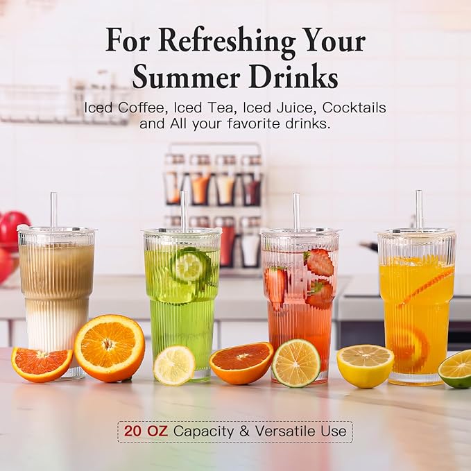 4PCS Ribbed Glass Cups with Lids and Straws, 20oz Vintage Drinking Glasses, Aesthetic Iced Coffee Cups, Glass Tumbler for Boba, Beer, Tea, Cocktails, Ribbed Glassware Set (Clear-6)