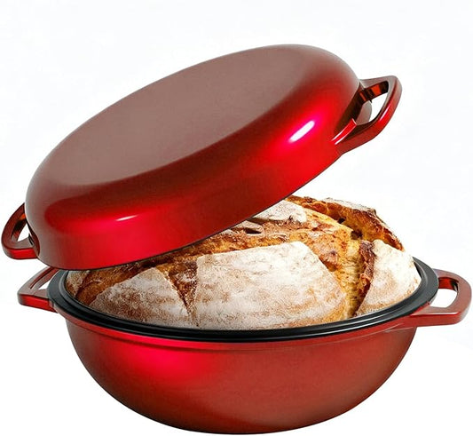 2-in-1 Multifunctional Enameled Cast Iron Dutch Oven, 6QT Loaf Pan with Dual Handles, Perfect for Baking Sourdough, Roasting, Braising & Stews, Oven & Stovetop Safe, Easy to Clean & Pre-Seasoned