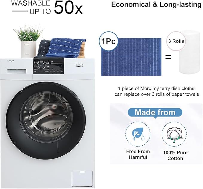 Mordimy 100% Cotton Terry Cloth Kitchen Towels, Super Soft and Absorbent Dish Towels for Drying, Checkered Designed Hand Towels for Kitchen, 16 x 26 Inches, 8 Pack, Navy
