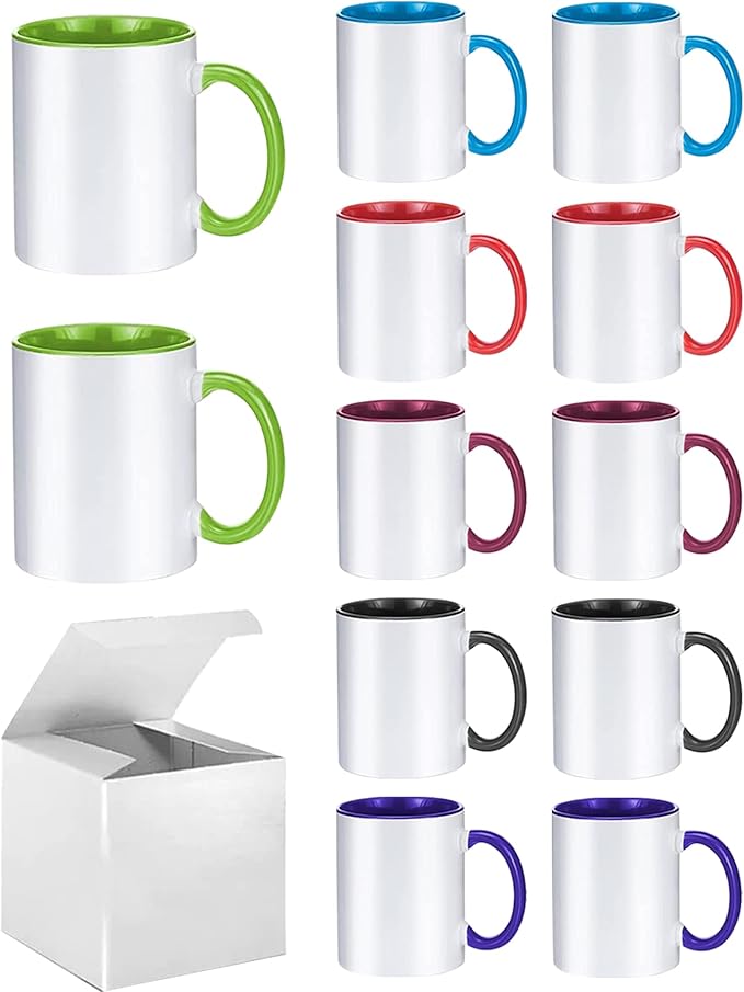 Ceramic Sublimation Mugs, 11oz, 12Pack, Assorted Colors, Microwave Safe, Dishwasher Safe
