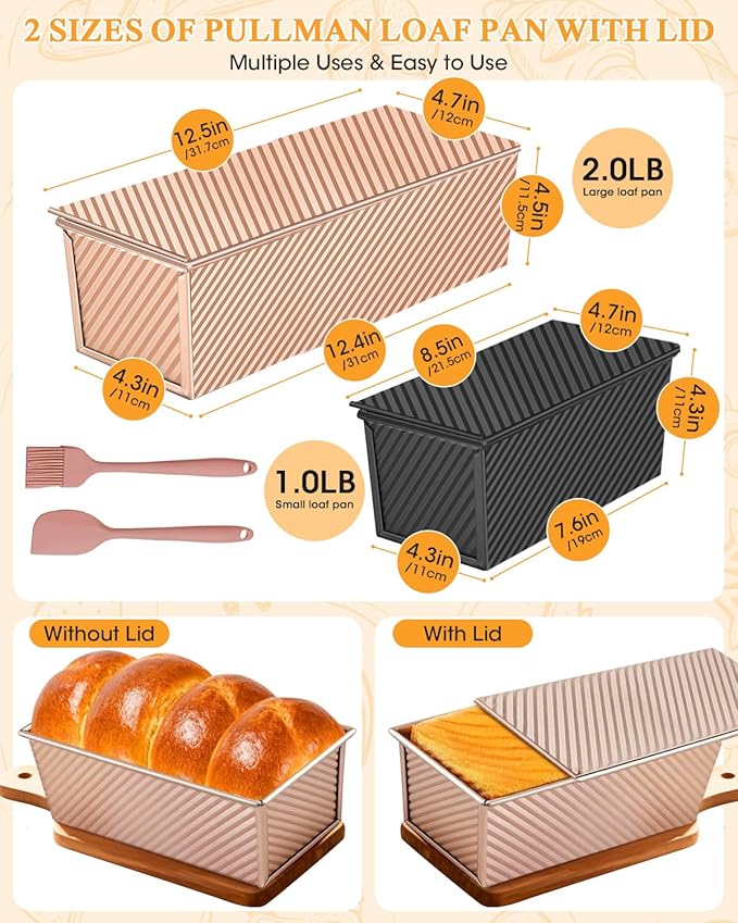 2Pack Pullman Loaf Pan with Lid: 2 LB & 1 LB Dough Capacity Carbon Steel Nonstick Bread Pan for Oven Baking - for Homemade Sourdough and Sandwich Bread - Essential for Home Bakers Family Kitchen