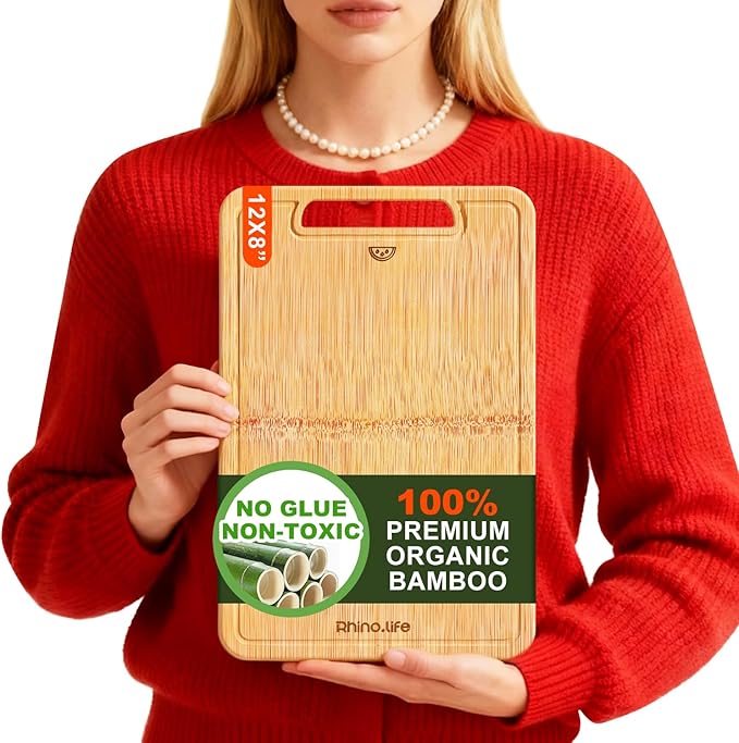 No Glue and Healthy & Organic Wooden Non Toxic Small Bamboo Cutting Board with hands for Kitchen,Plastic Free, Juice Groove, Non-solid Wood Cutting Board for Meat, Vegetables and Fruits (12 * 8inch)
