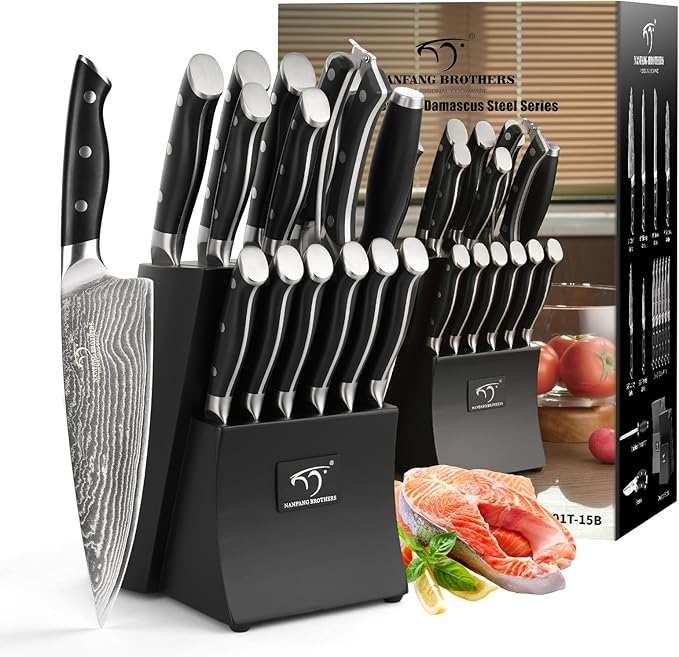 Damascus Kitchen Knife Set, 15-Piece Kitchen Knife Set with Block, ABS Ergonomic Handle for Chef Knife Set and Serrated Steak Knives Knife Sharpener and Kitchen Shears, 14 Slots Wooden Knife Block