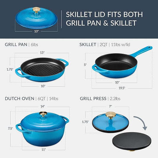 Best Choice Products Non-Stick Pot & Pan Cookware Set, Cast Iron, 2Qt Skillet W/Lid, 10" Grill Or Griddle Pan W/Press, 6Qt Enameled Dutch Oven, Non-toxic, For Cooking & Grilling - Blue