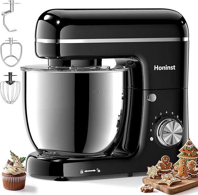 Honinst Stand Mixer, 3-In-1 8-Speed 660W 6.5QT Tilt-Head Food Electric Mixers with Bowl, Dough Hook, Whisk and Beater, Kitchen Mixer for Baking, Cake and Most Home Cooks, Black